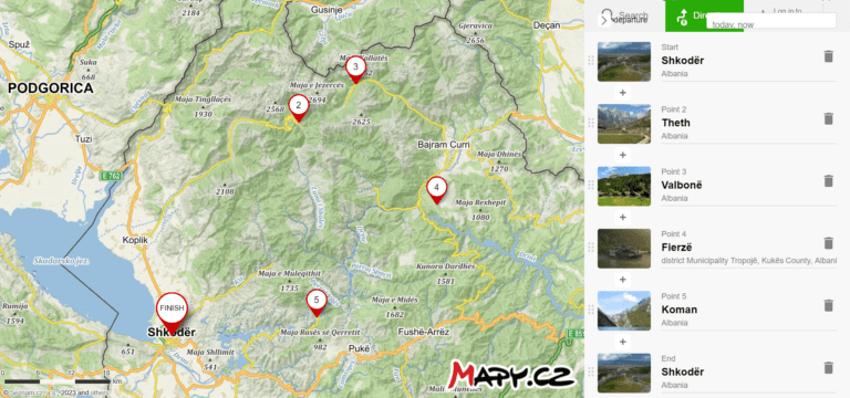 Map of the 4-day itinerary to the Albanian Alps, to and from Shkoder